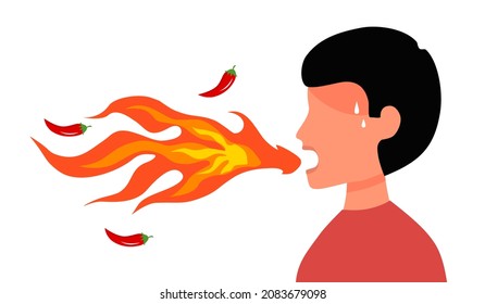 Hombre comiendo el concepto de comida picante picante ilustración vectorial sobre fondo blanco. La llama caliente roja proviene de la boca del tipo en diseño plano.