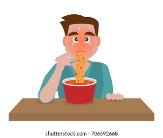 A Man Eating Hot And Spicy Noodle, Cartoon Vector, Isolated On White Background