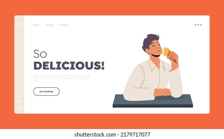 Man Eating Ice Cream Dessert At Cafe Landing Page Template. Enjoyment, Pleasure of Delicious Food Concept. Sweet Tooth Male Character Licking Icecream Cone. Cartoon People Vector Illustration