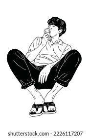man eating ice cream hand drawn art illustration