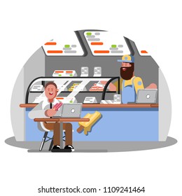 Man eating ice cream on food court. Vector illustration, EPS 10
