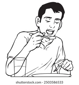 A man is eating. Illustration in black and white and vector format.