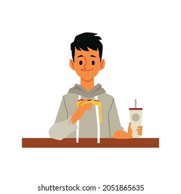 Man eating junk food pizza slice and holding soda cup - cartoon person sitting at brown table and ready to eat. Vector illustration isolated on white background.