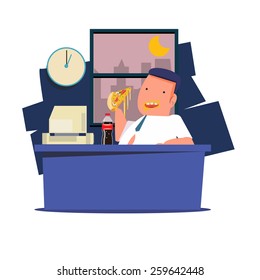 Man Eating Junk Food And Soda At Work. Working Late Night - Vector Illustration