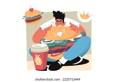 Man eating king burger and drink vector illustration. Fastfood, quick meal and junk unhealthy food flat style concept