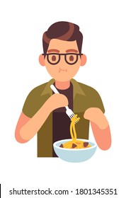 Man eating meal. Hungry male character with tasty noodles with meat, lunch or dinner time with healthy pasta promotion cafe and restaurant, cartoon flat vector isolated trendy illustration