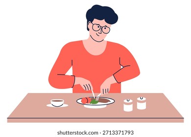 Um homem está comendo uma refeição em uma mesa