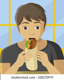 Man Eating Mexican Fast Food Burrito Taco