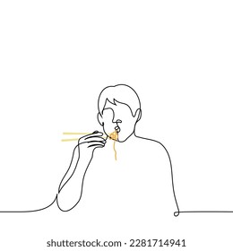 man eating noodles with chopsticks - one line drawing vector. concept eat asian food