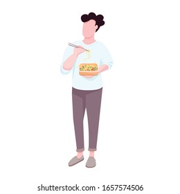 Man eating noodles flat color vector faceless character. Takeout lunch. Caucasian guy holding takeaway container with homemade food isolated cartoon illustration for web graphic design and animation