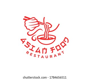 Man eating noodles or ramen soup, logo design. Asian food, meal, restaurant and street food, vector design and illustration