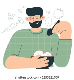 Man eating noodles with a spoon. Flat vector minimalist illustrations with kitchen staff, cooking and eating food
