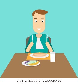 man eating pancake for breakfast. vector illustration