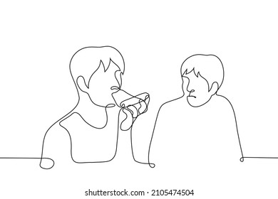 man eating pizza and another looking at him with envy - one line drawing vector. concept of being tempted by food, being tormented by dieting, being jealous or disappointed that someone is eating 