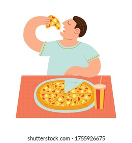 Man eating pizza and drinking soda water cartoon style. Delicious meal at restaurant or cafe.