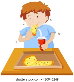 Man eating pizza and drinking soda illustration