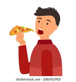 Man eating pizza in flat design on white background. Hungry guy eating fast food for lunch.