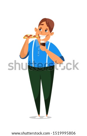 Man eating pizza flat vector illustration. Cartoon office worker, clerk tasting traditional Italian snack slice. Young boy eating junk food with fizzy drink isolated on white background