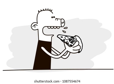 Man eating pizza. Funny vector. Bad habits.
