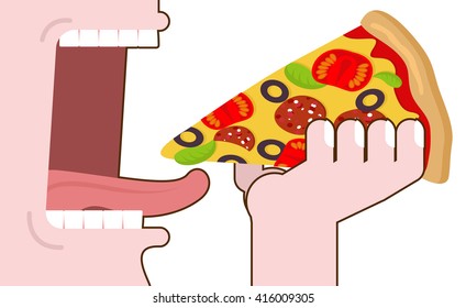 Man eating pizza. Pizza hand. Wide open mouth with teeth and tongue. Eating. food consumption
