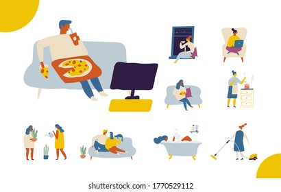 Man eating pizza on the couch. People spending time at home flat vector illustration. Relaxing at home, leisure time	
