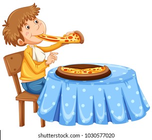 Man eating pizza on the table illustration