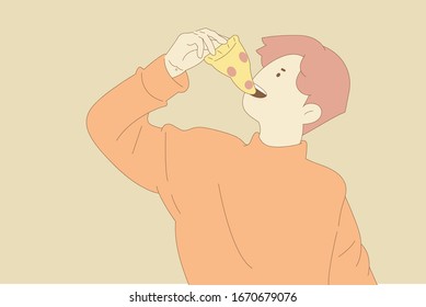 Man eating pizza , Pastel Color illustration .