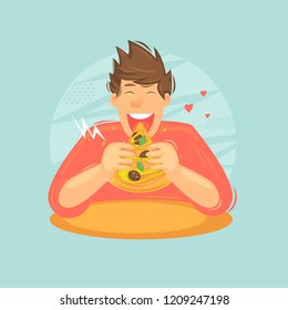 Ilustración vectorial de diseño plano del hombre comiendo pizza