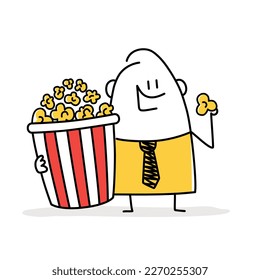 Man eating popcorn. Stick figure. Doodle style. Vector illustration.