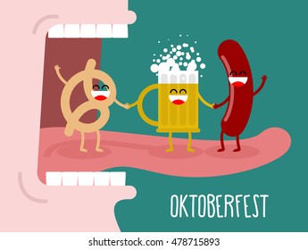 Man eating pretzel, beer and sausage. Traditional Oktoberfest food. Consumption of alcohol. Open mouth with tongue and teeth. National Holiday in Germany.
