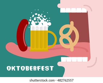 Man eating pretzel, beer and sausage. Traditional Oktoberfest food. Consumption of alcohol. Open mouth with tongue and teeth. National Holiday in Germany.
