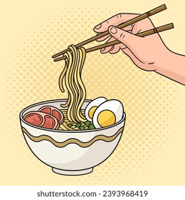 man eating ramen japanese noodle soup with chopsticks pinup pop art retro hand drawn vector illustration. Comic book style imitation.