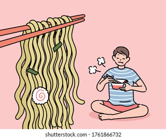 A man is eating ramen on the floor. Chopsticks picked up noodles. hand drawn style vector design illustrations. 