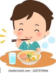 A man eating ramen with a smile