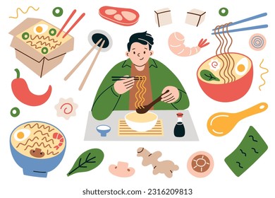 Man eating ramen at table, hand drawn collection of noodle soup bowls and chopsticks, Asian food, doodle icons of soy sauce, tofu, dried nori, vector illustrations of ramen toppings and ingredients