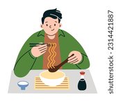 Man eating ramen at table, holding chopsticks and soup spoon, Asian noodles, vector hand drawn illustration of bowl with noodles, noodle soup, udon in Chinese restaurant, Korean or Japanese cuisine