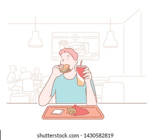 Man is eating in a restaurant and enjoying delicious food. Hand drawn style vector design illustrations.