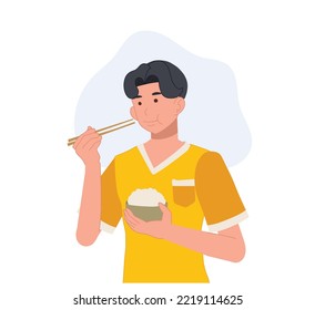 A man eating rice with chopstick. Vector illustration