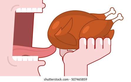 Man Eating Roast Turkey. Consumption Of Fried Fowl. Baked Chicken. Open Mouth With Tongue And Teeth. Dinner Consumption
