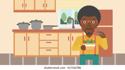 Hombre comiendo ensalada.