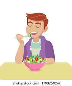 El hombre está comiendo una ensalada. El concepto de nutrición adecuada y estilo de vida saludable.