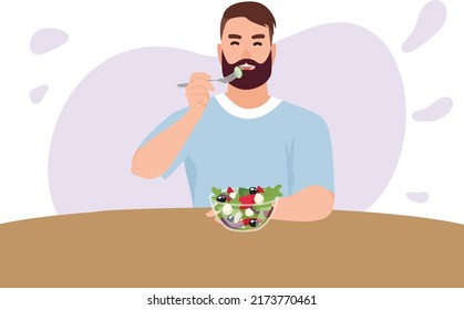 Hombre comiendo ensalada con tenedor