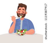 Man is eating a salad. Vegetarian. The concept of proper nutrition and healthy lifestyle. Vector illustration in cartoon style