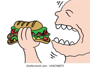 Man eating a sandwich of bread, lettuce, tomato, meat, chicken and mayonnaise and with his mouth wide open. Cartoon style colorful vector illustration.
