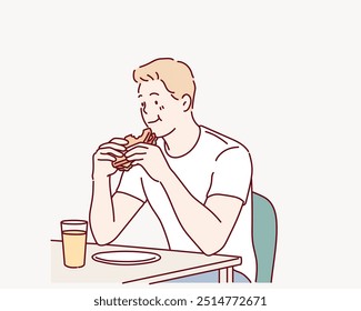 O homem está comendo um sanduíche. Ilustrações de design de vetor de estilo desenhado à mão.