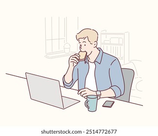 The man is eating a sandwich in the office. Hand drawn style vector design illustrations.