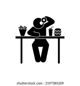 man eating sitting at the table, fast food illustration, icon isolated on white