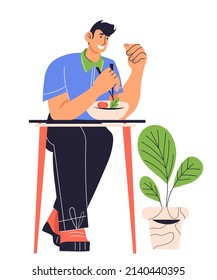 Man eating sitting at table, flat style vector illustration isolated on white background. Eating in cafe or restaurant, fast food cafeteria.