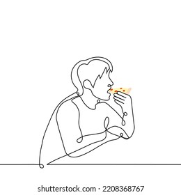 Man Eating A Slice Of Pizza - One Line Drawing Vector. Concept Eating Fast Food Alone, Pizzeria Visitor