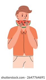 Man eating a slice of watermelon. Flat vector illustration.
